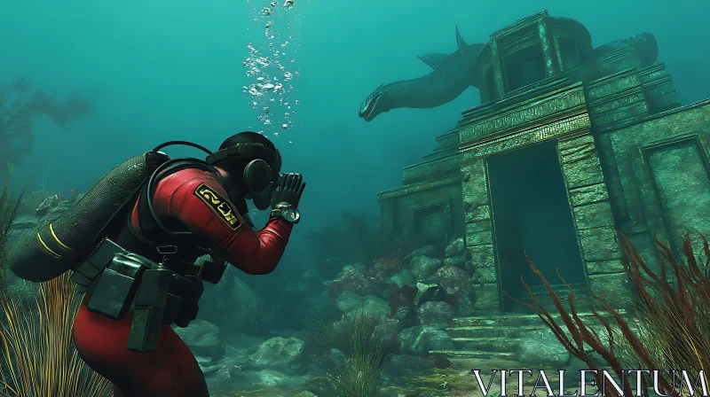 Diver and Ancient Underwater Ruins AI Image