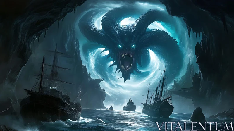 Monstrous Sea Creature Looms over Ships in Gloomy Cave AI Image