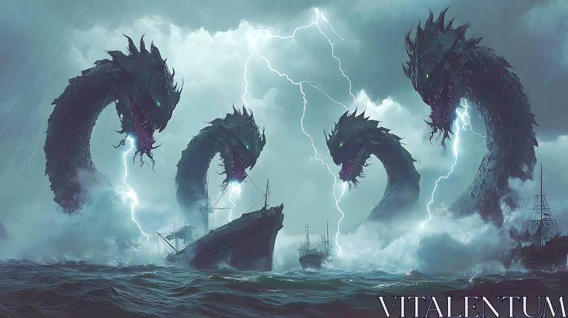 Giant Krakens Amidst Thunderstorm and Raging Seas AI Image