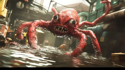 Red Tentacled Monster in Urban Setting