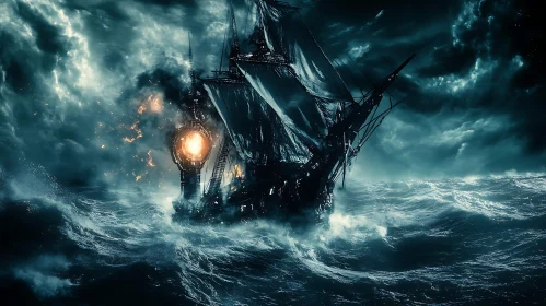 Ethereal Light on Ship Amidst a Storm