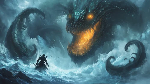 Warrior Confronting Mythical Sea Beast