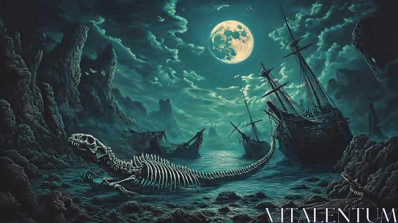 AI ART Mysterious Shipwrecks Under Full Moon