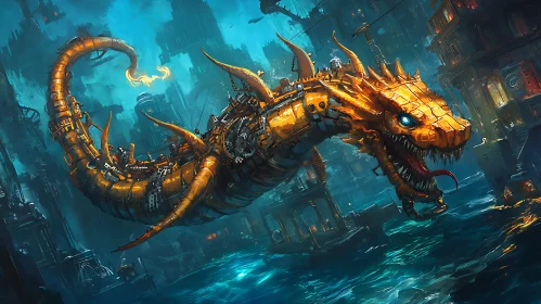 Mechanical Dragon in a Steampunk City