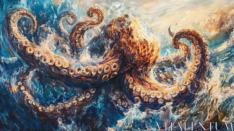 Octopus Amidst Ocean Waves AI Image