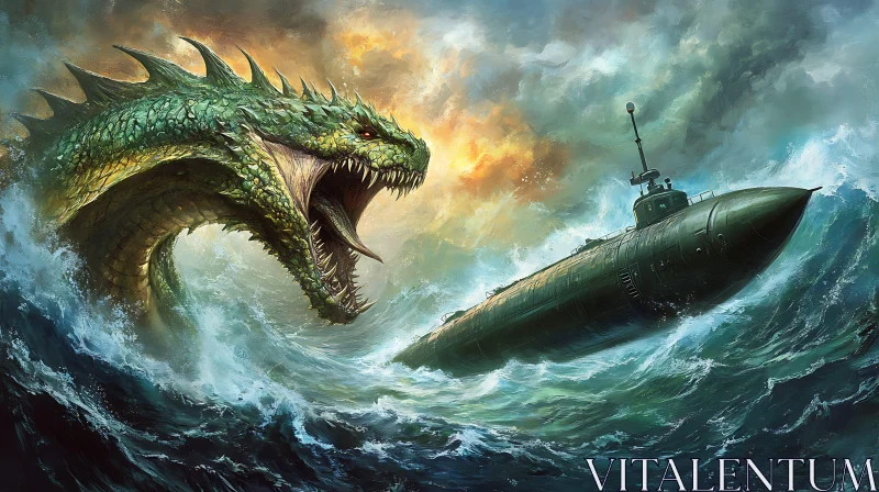 AI ART Sea Dragon Attacks Submarine