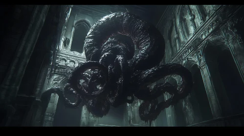 Eerie Tentacled Abomination in Gothic Architecture