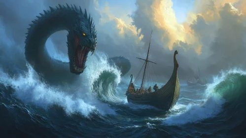 Viking Ship Battling Sea Serpent in Storm