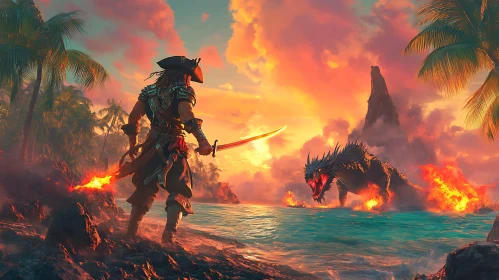 Pirate Confronting Dragon in Tropical Island Sunset