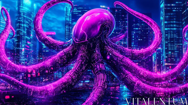 Neon Lit Cyber-Octopus Emerges from Waters in Futuristic City AI Image