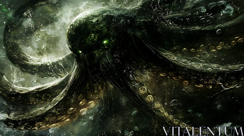 Eerie Underwater Kraken with Green Glowing Eyes AI Image