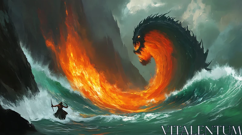 Warrior Confronts Fiery Dragon in Stormy Seas AI Image