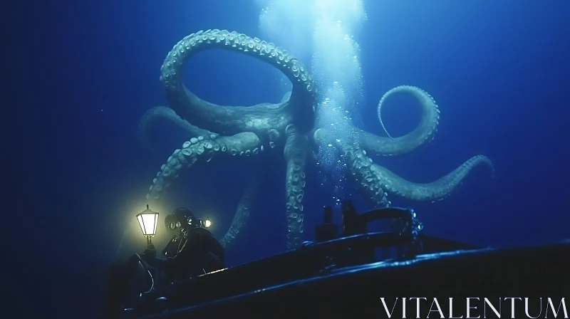 Giant Kraken Encounter in Deep Ocean with Diver AI Image