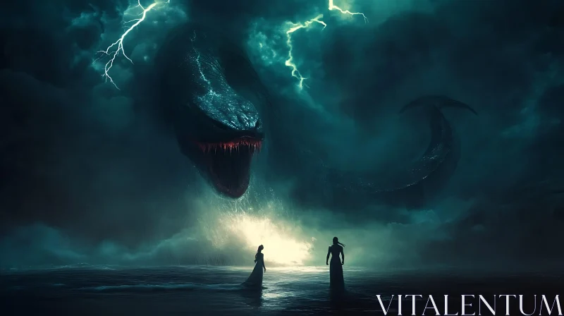 Giant Sea Monster Confronts Figures During Storm AI Image