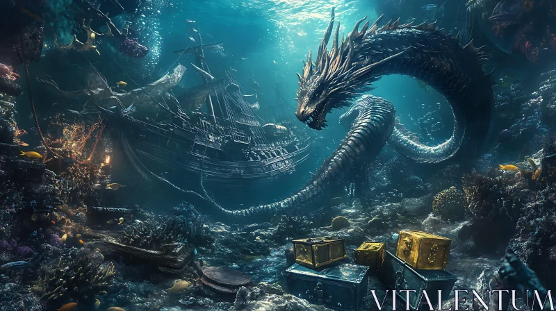 Serpentine Dragon Guarding Shipwreck and Marine Treasure AI Image