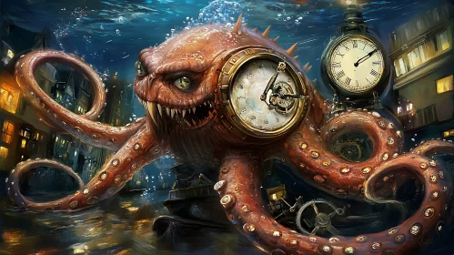 Submerged Cityscape with a Giant Octopus and Embedded Clocks