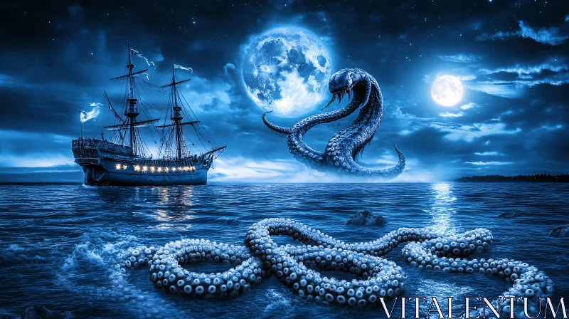 AI ART Enigmatic Night Sea Monster and Ship