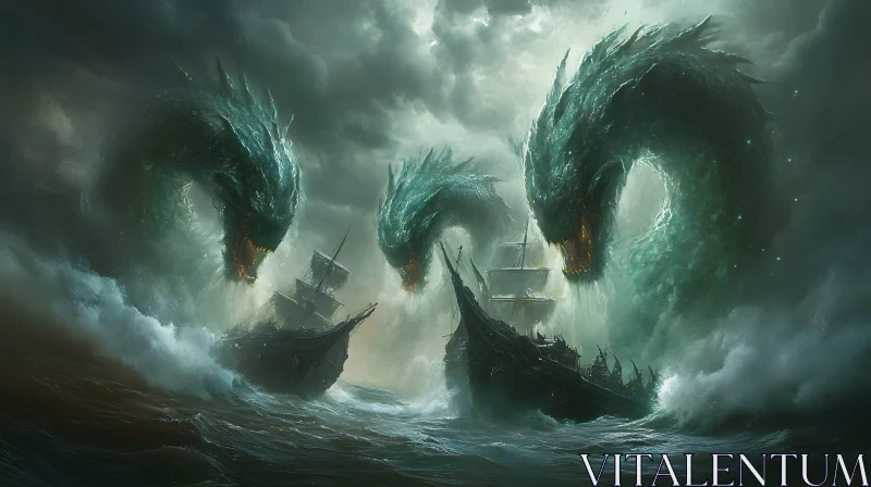 Stormy Encounter with Sea Monsters AI Image