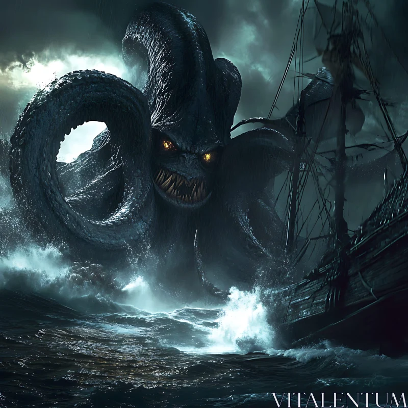 Sea Monster Kraken Emerges from Dark Waters AI Image