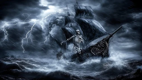 Haunting Skeletal Ship Sailing in Thunderstorm