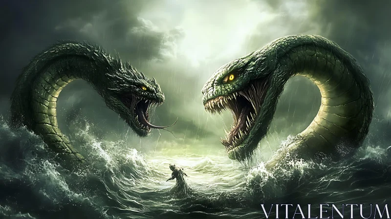 Clash of Gigantic Sea Serpents AI Image