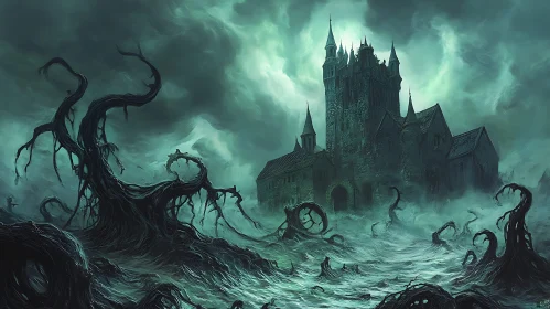 Haunted Gothic Castle in Mysterious Fog