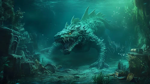 Mythical Aquatic Dragon Guarding Underwater Treasures