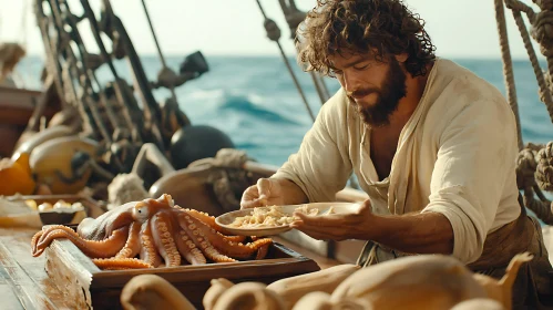 Sailor's Culinary Skills with Fresh Octopus