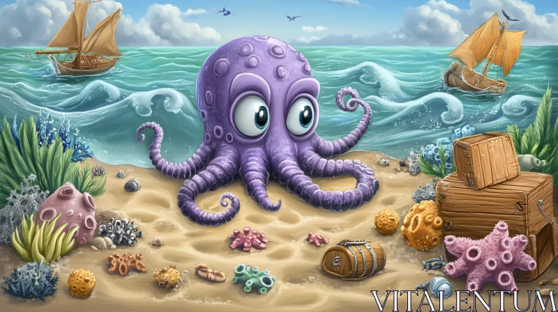 AI ART Cartoon Beach with Purple Octopus and Treasure