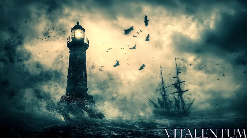 Mystical Night at Sea with Lighthouse and Ship AI Image