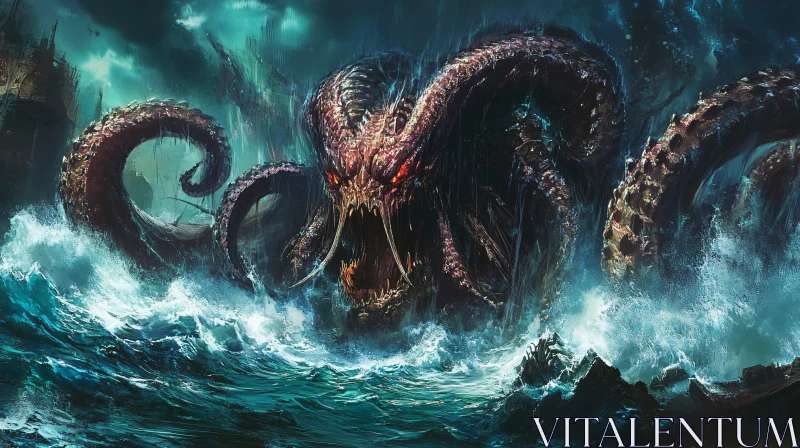 Sea Monster Kraken Attack Amidst Storm AI Image