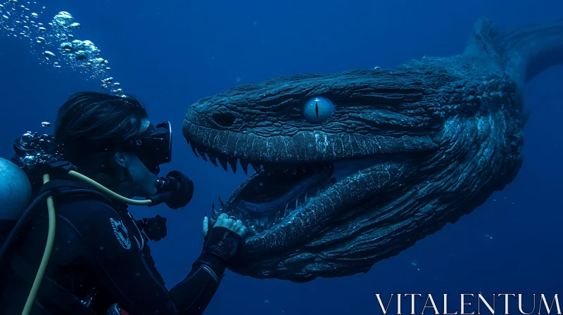 AI ART Diver Meets Giant Reptilian Sea Monster