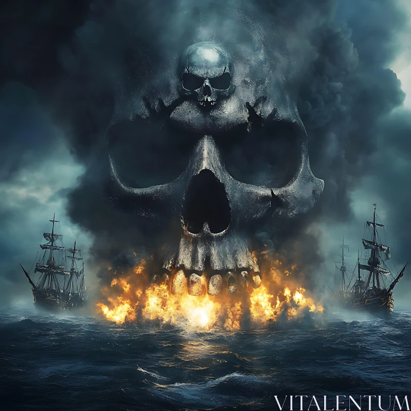 Eerie Smoke Skull and Fiery Sea Battle AI Image