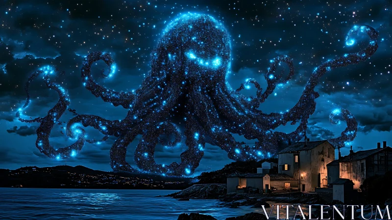 Celestial Octopus Over Tranquil Coastal Hamlet AI Image