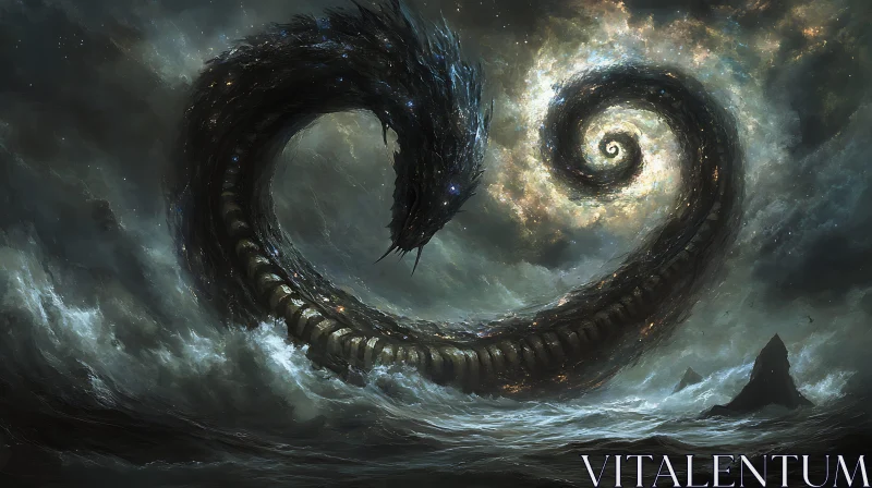 Mythical Dragon Coiling Over Stormy Sea AI Image