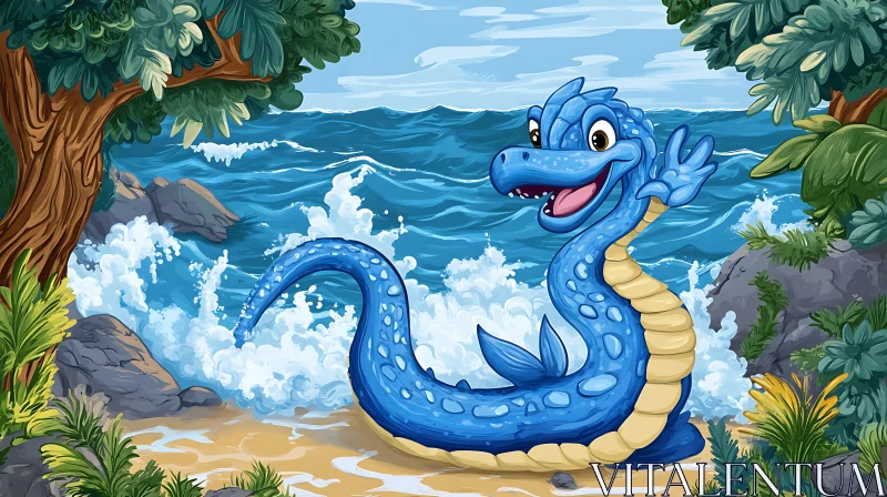 Animated Blue Dragon on Sandy Shore AI Image