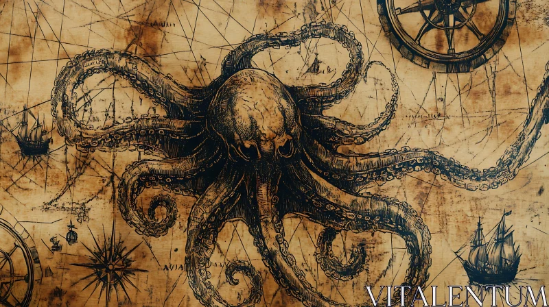 Maritime Kraken Illustration with Ships and Compass AI Image