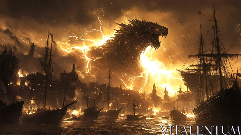 Stormy Night Dragon Rampage AI Image