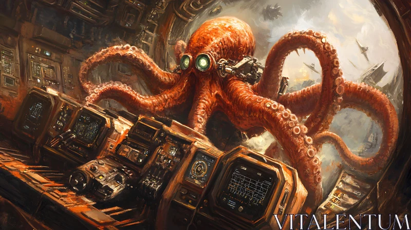 Sci-Fi Octopus in Steampunk Cockpit AI Image