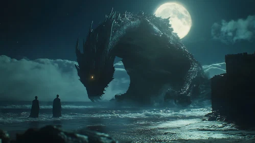 Mystical Beach Encounter with a Colossal Dragon under the Full Moon