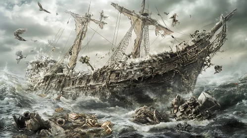 Mystic Shipwreck in the Stormy Ocean