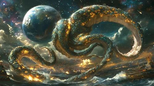 Celestial Kraken with Earth Background