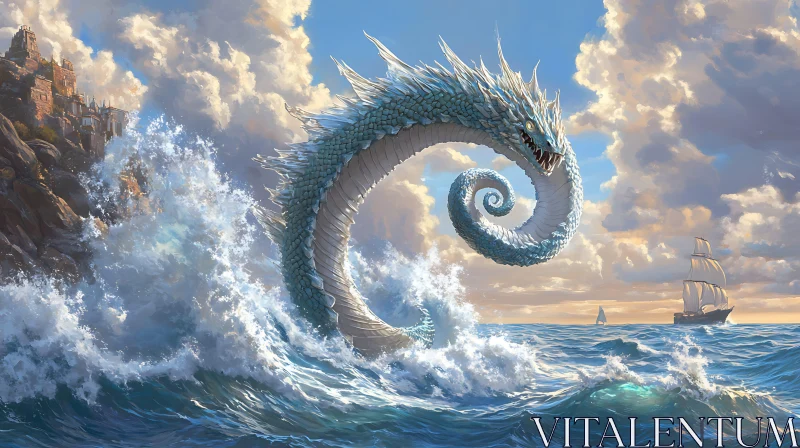 Formidable Sea Serpent Near Rocky Shore AI Image