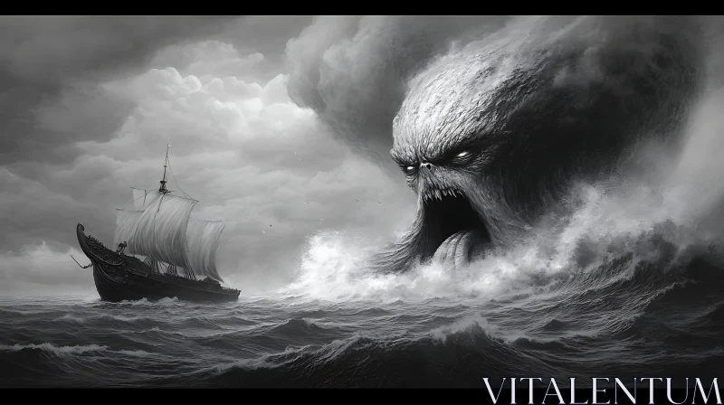 Epic Battle with Nature's Fury: Viking Ship and Sea Monster AI Image