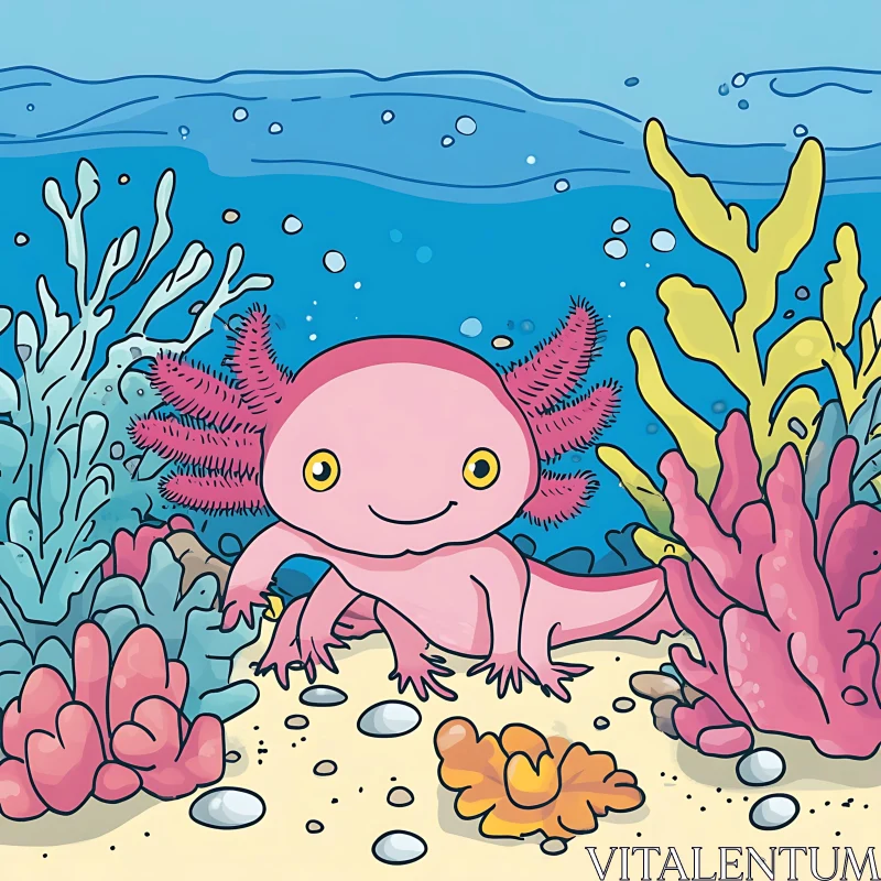 Smiling Axolotl in Colorful Underwater Cartoon Scene AI Image