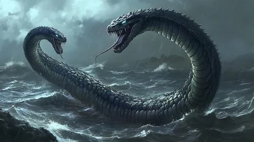 Giant Serpent Creature in Rough Waters