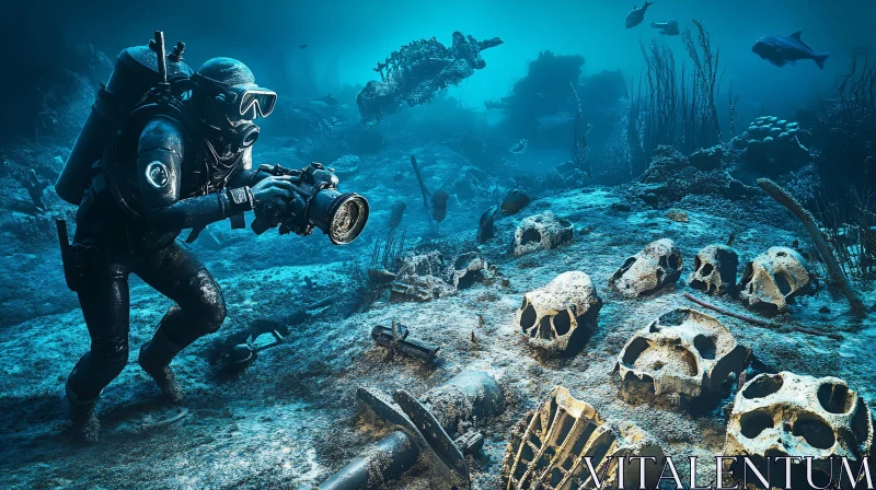 AI ART Haunting Seas: Diver Amidst Skeletons