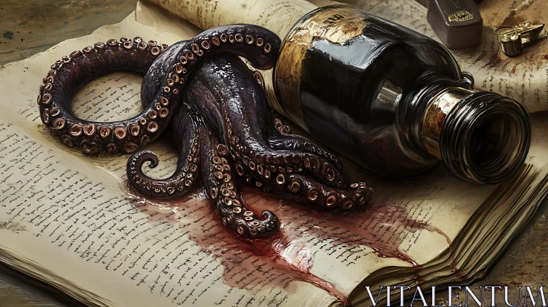 Mystical Tentacle and Bottle on Ancient Manuscript AI Image