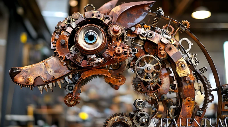 Detailed Metallic Wolf Sculpture in Steampunk Style AI Image