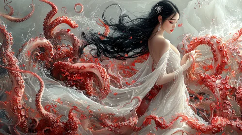 Dreamlike Fantasy Scene with Tentacles and Woman